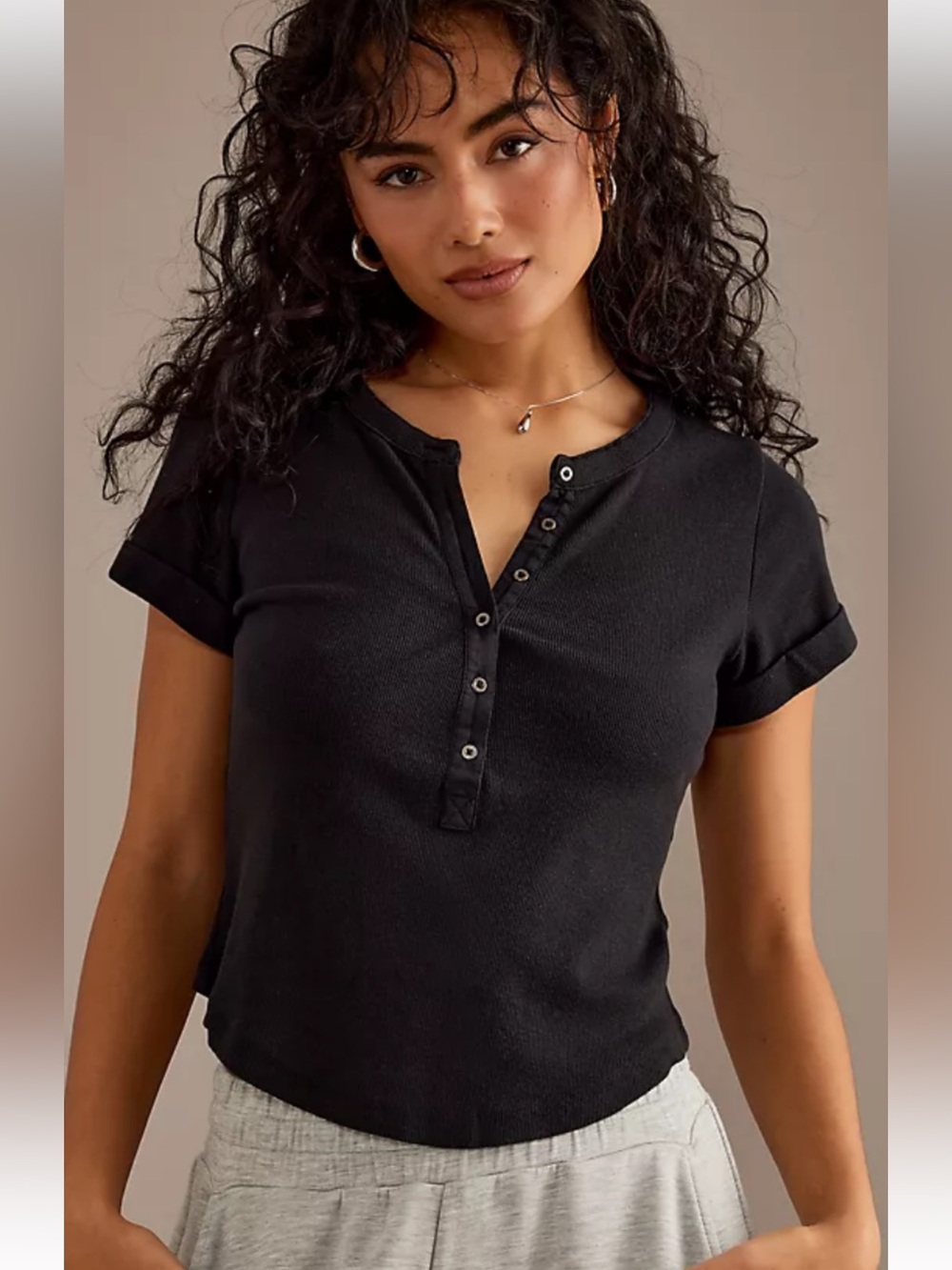Pilcro Black Henley M  Top with Short Sleeves
